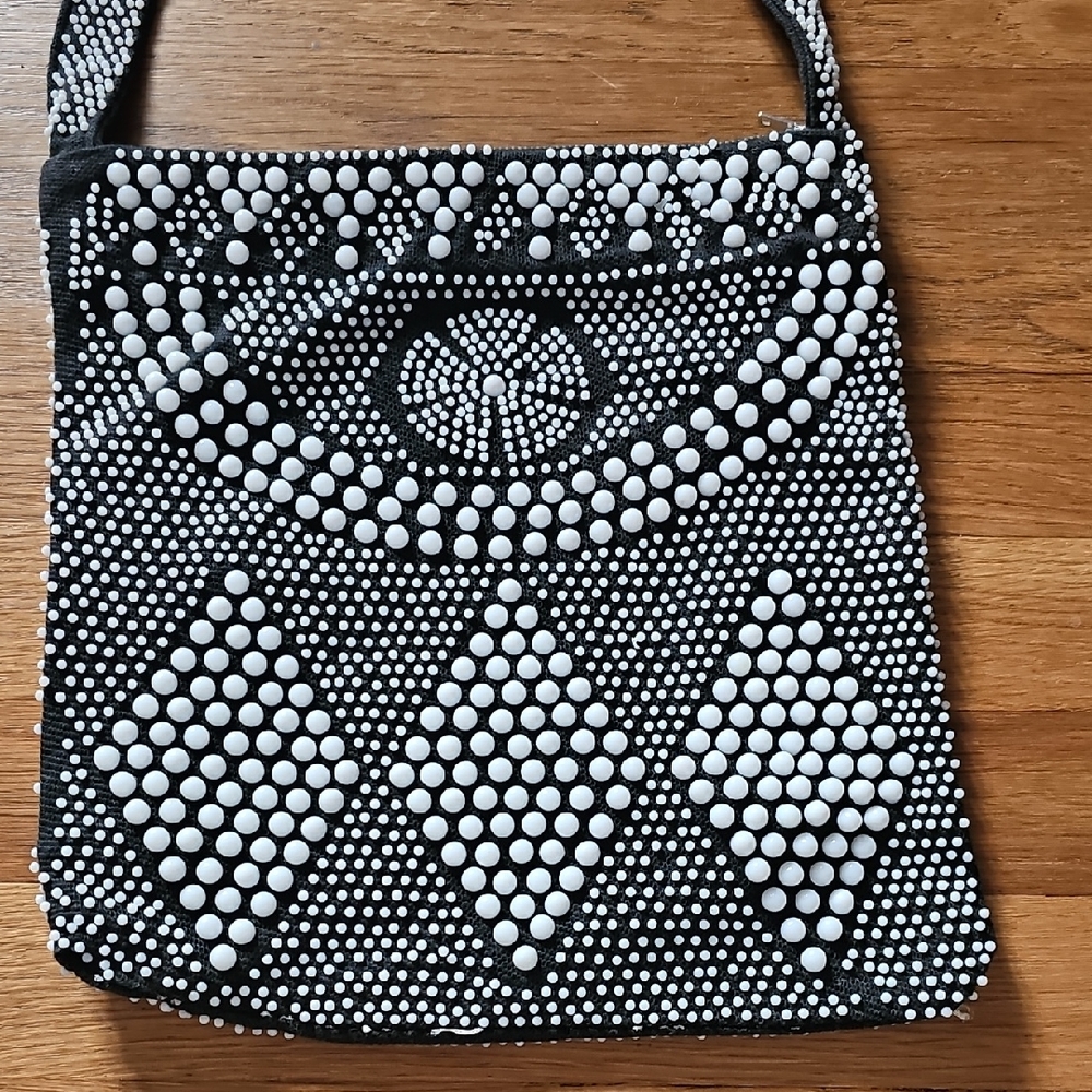 Vintage Black with White Candy Dots Beaded Zippered Retro Boho Hippie Crossbody